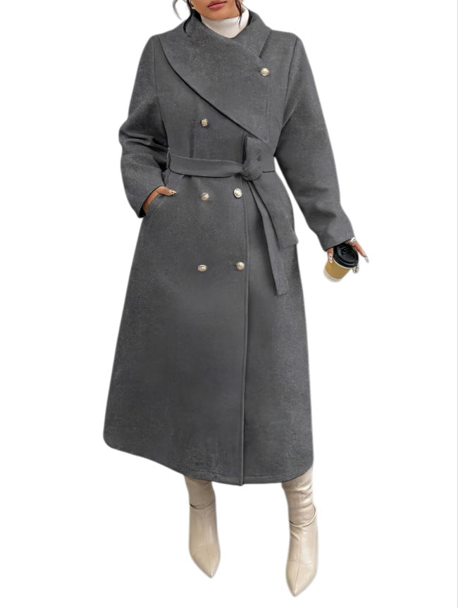 Women's Double-Breasted Wool Blend Coat with Wide Shawl Collar and Tie Belt Mune Fashion