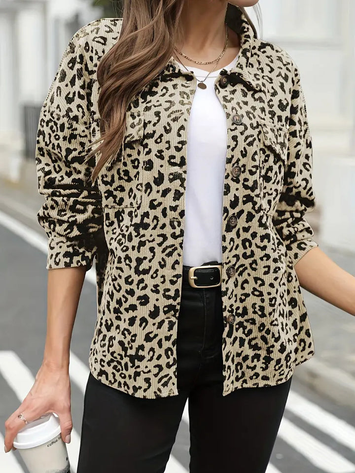 Women's Oversize Shirt Jacket in Cord Look with Leopard Print Mune Fashion