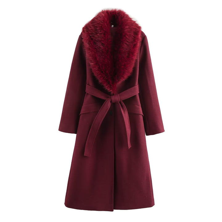Women's wool coat with removable faux fur shawl collar and belted waist Mune Fashion