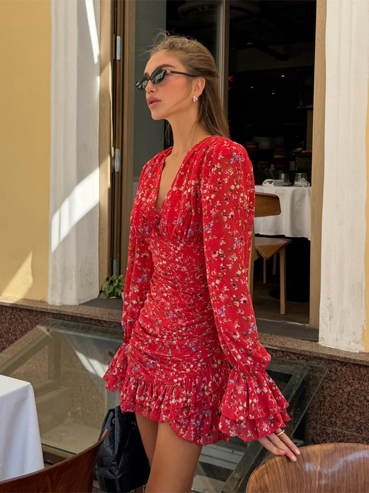 Ladies Tailored Chiffon Mini Dress with Floral Print, Gathered & Ruffle Sleeves Mune Fashion