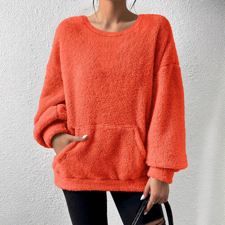 Ladies Cozy Oversized Sherpa Sweater with Kangaroo Pocket and Balloon Sleeves Mune Fashion
