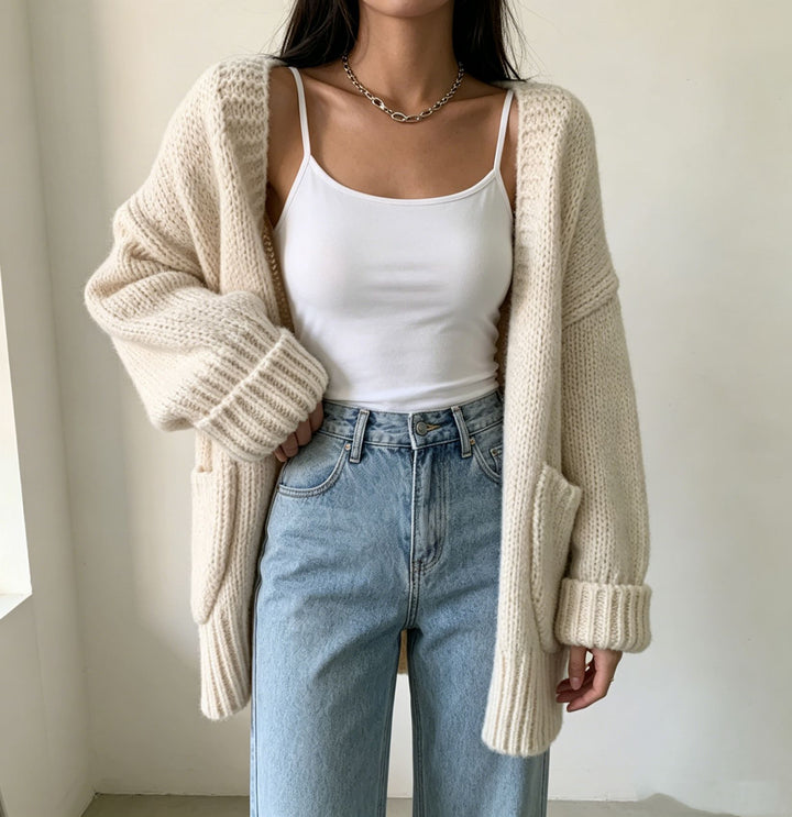 Women's Long Open Chunky Knit Cardigan with Pockets and Ribbed Cuffs Mune Fashion
