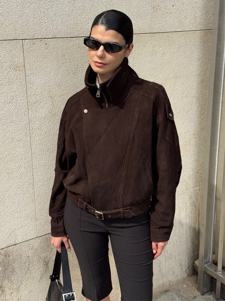 Women Short Velour Leather Bomber Jacket with High Stand-Up Collar and Waist Belt Mune Fashion