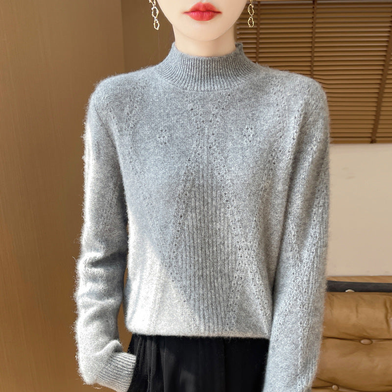 Women's Light Mockneck Fine Knit Sweater with Openwork Chevron and Cashmere Soft Finish Mune Fashion