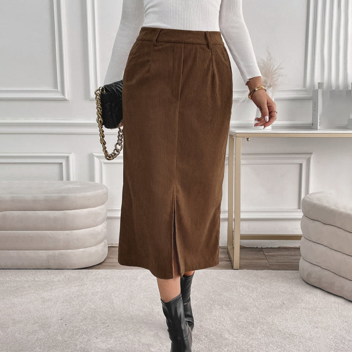 Women's Cord Midi Skirt with High Waist, Side Pockets, and Center Slit Mune Fashion