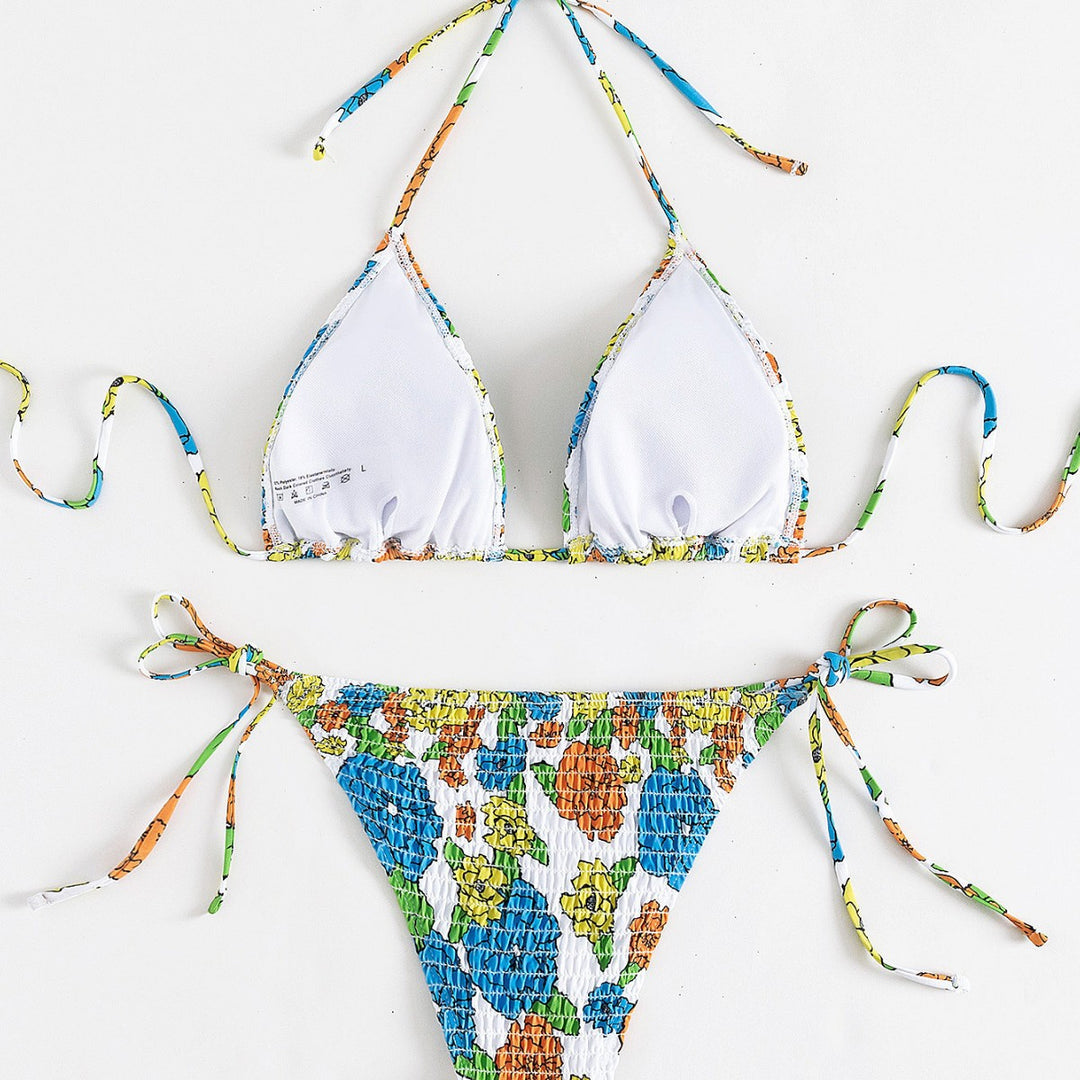 Women's triangle bikini with colorful floral pattern and elastic ties Mune Fashion