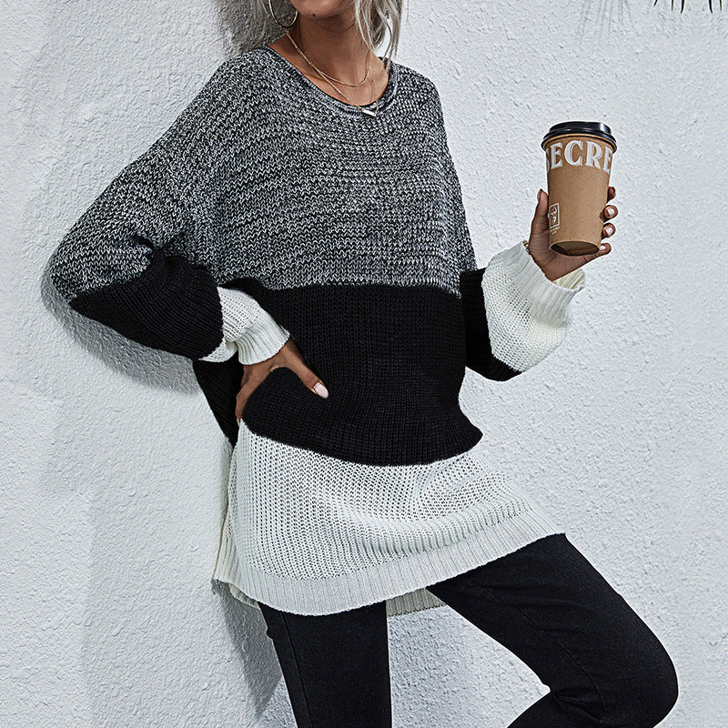 Women Oversize Knit Sweater with Colorblock Inserts, Round Neck and Tunic Silhouette Mune Fashion