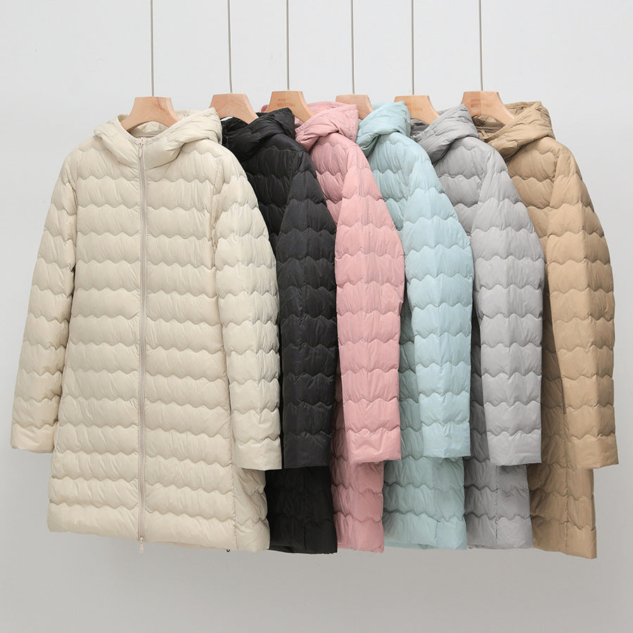 Women's Light Quilted Coat with Hood and Wavy Quilting Mune Fashion