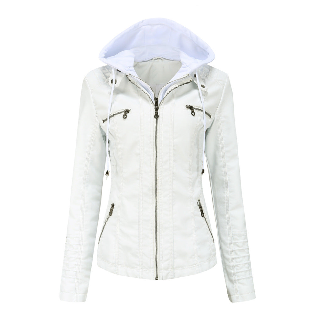 Women nan tailored faux leather jacket with hood, quilted arm flap and concealed zipper pockets Mune Fashion