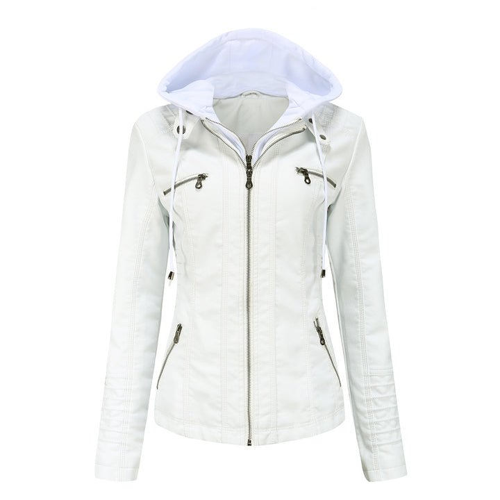 Women nan tailored faux leather jacket with hood, quilted arm flap and concealed zipper pockets Mune Fashion