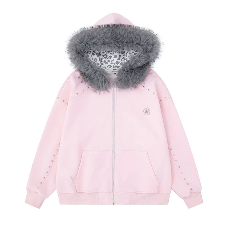 Women's hooded sweat jacket with faux fur trim, leopard lining and decorative studs Mune Fashion