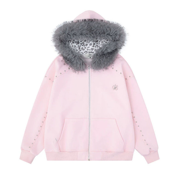 Women's hooded sweat jacket with faux fur trim, leopard lining and decorative studs Mune Fashion