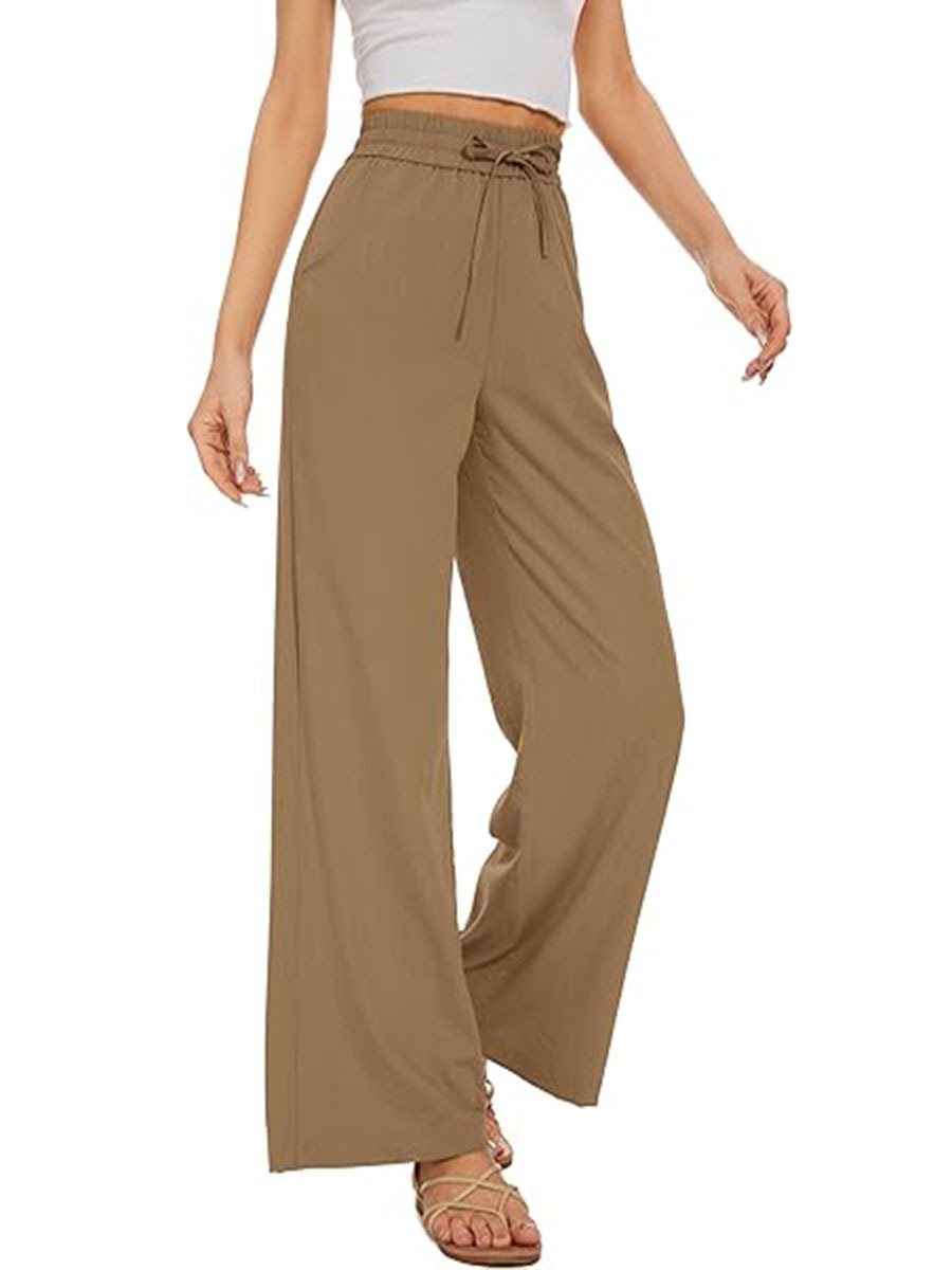 Women's wide linen pants with high elastic waistband, drawstring, and side pockets Mune Fashion