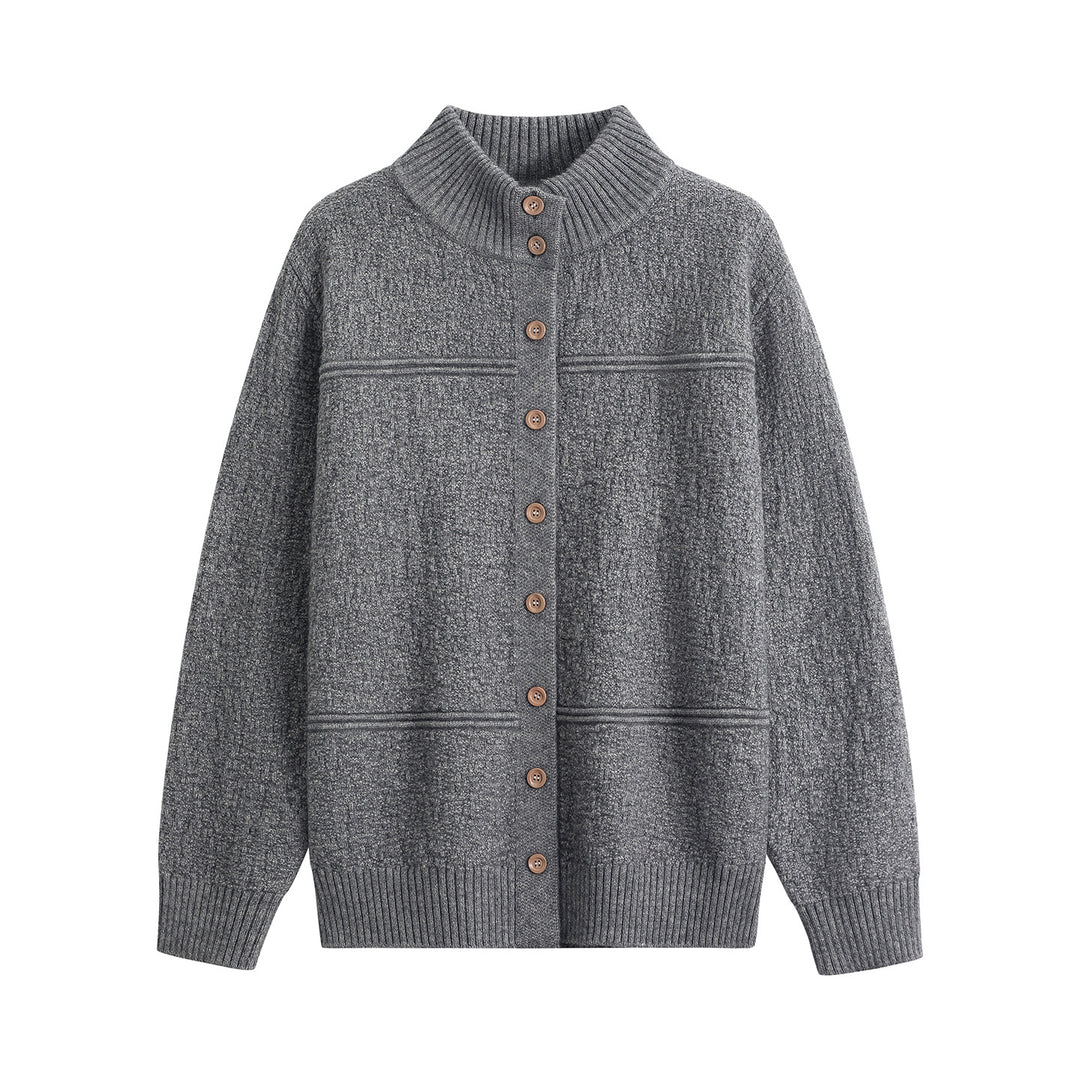 Women Long Oversize Wool Blend Cardigan with High Ribbed Collar and Vintage Buttons Mune Fashion