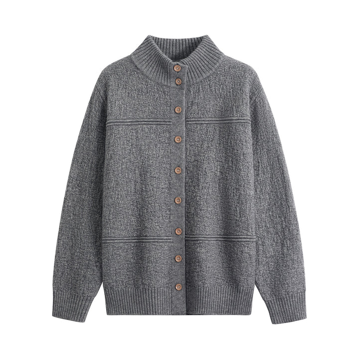 Women Long Oversize Wool Blend Cardigan with High Ribbed Collar and Vintage Buttons Mune Fashion