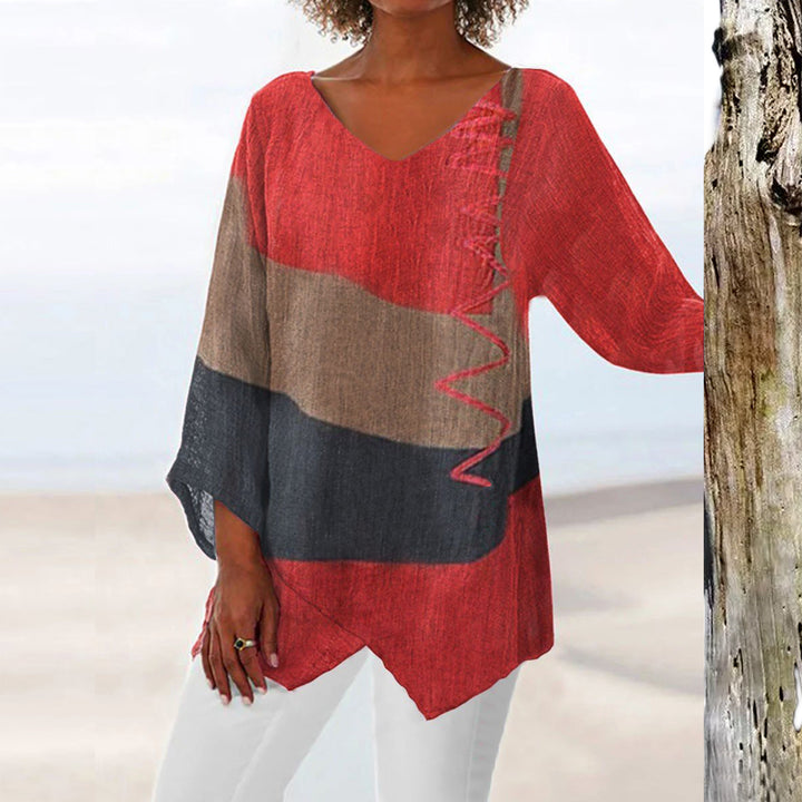 Women Casual A-Line Linen Look Tunic with Color Block Stripes and V-Neck Mune Fashion