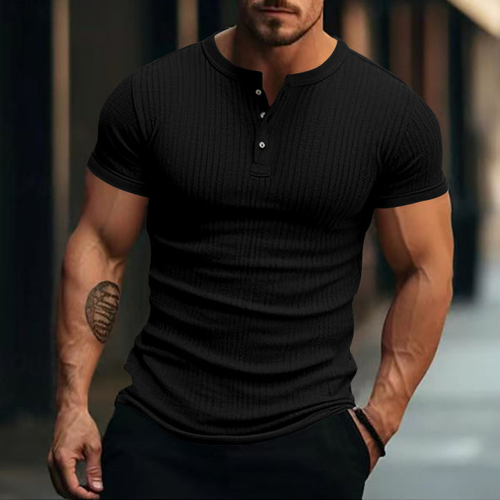 Men's fitted short sleeve Henley shirt with ribbed texture and short button placket Mune Fashion
