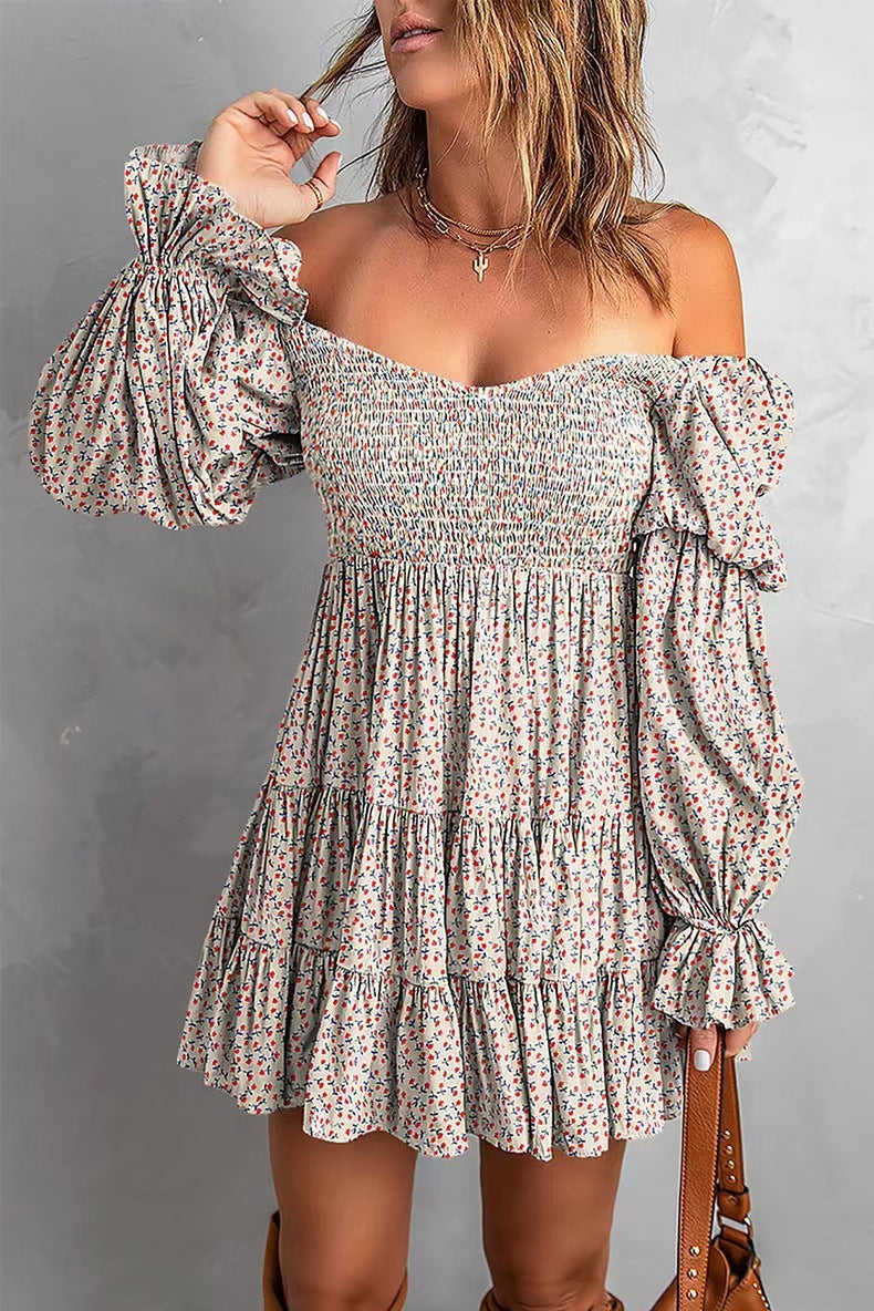 Women Off-Shoulder Mini Dress with Smocked Top, Ruffle Tiers and Gathered Balloon Sleeves Mune Fashion