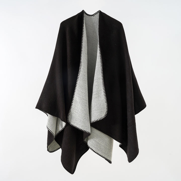 Women's Reversible Knit Poncho with Decorative Chain Stitch and Oversized Fit