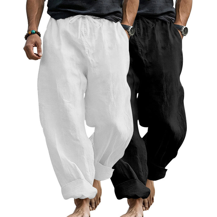 Men's Wide Comfort Casual Pants Made of Linen Blend with Drawstring, Side Pockets and Cuffed Mune Fashion
