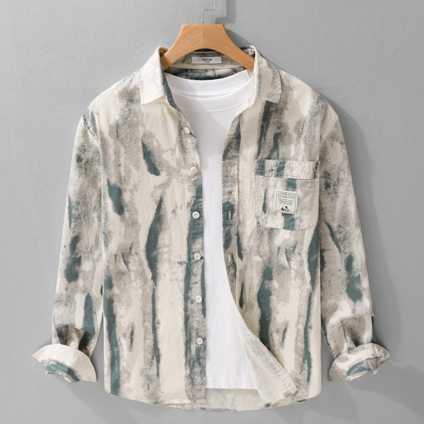 Men's Loose Shirt Jacket - Overshirt made of Linen-Cotton Blend with Abstract Brush Print and Kent Collar Mune Fashion