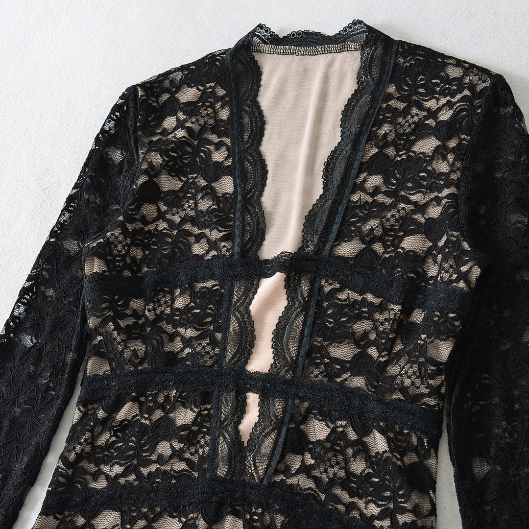 Women's Transparent Lace Blouse with V-Neck, Tailored Inserts and Long Sleeves Mune Fashion