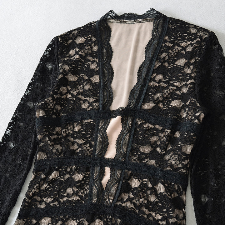 Women's Transparent Lace Blouse with V-Neck, Tailored Inserts and Long Sleeves Mune Fashion