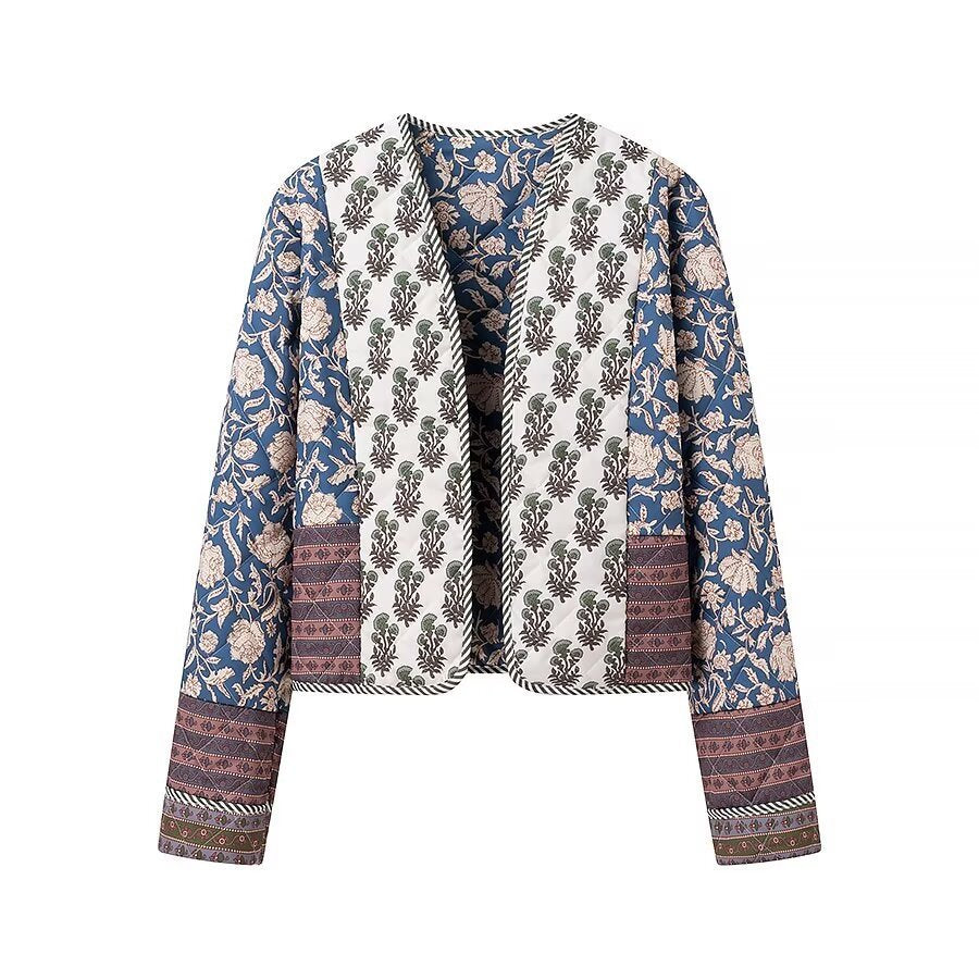Women Quilted Short Jacket in Boho Patchwork Style with Open Front Mune Fashion