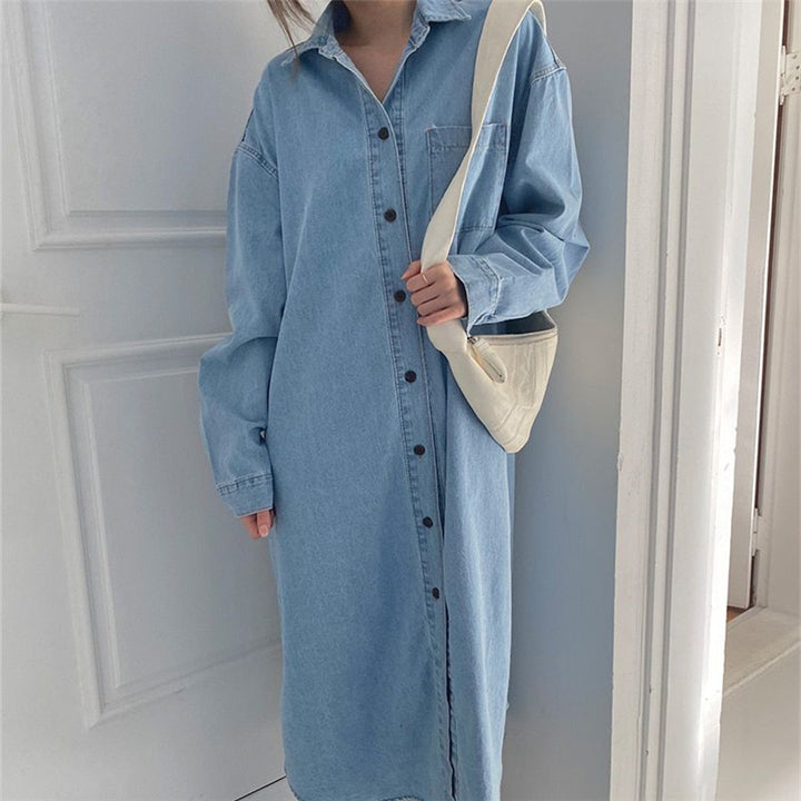 Women Oversized Denim Maxi Dress in Shirt Style with Chest Pocket and Full Button Placket Mune Fashion