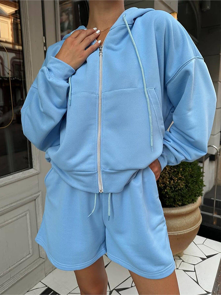 Women nan short hoodie sweatshirt with zipper and elastic high-waist relax shorts set Mune Fashion