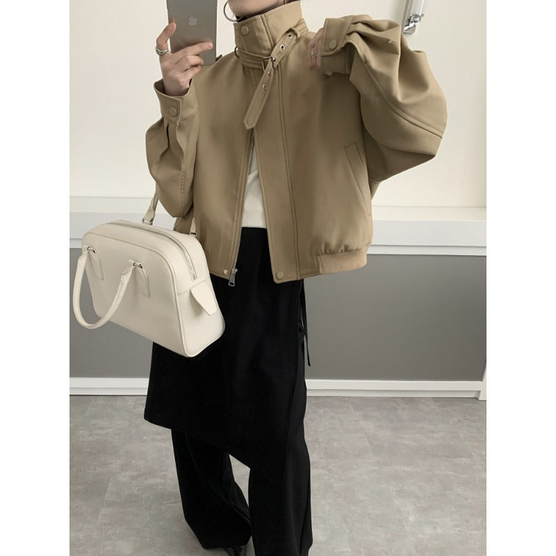 Women's Short Bomber Jacket in Trench Style with High Stand Collar and Shoulder Patches Mune Fashion