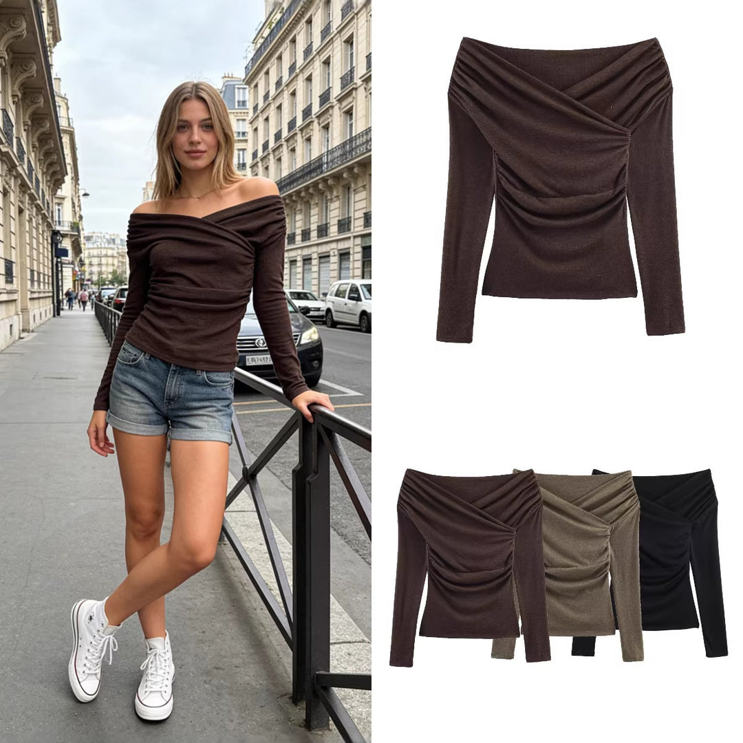 Women Off-Shoulder Gathered Long Sleeve Top with Wrap Draping Mune Fashion