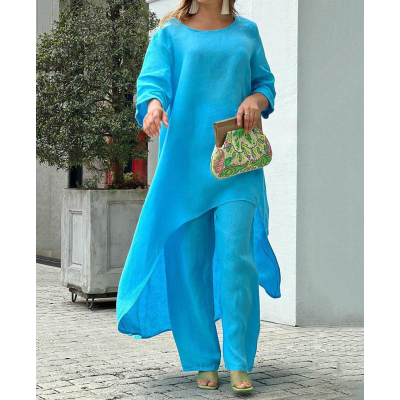 Women Lightweight Linen Two-Piece with Asymmetrical High-Low Tunic and Wide Palazzo Pants Mune Fashion