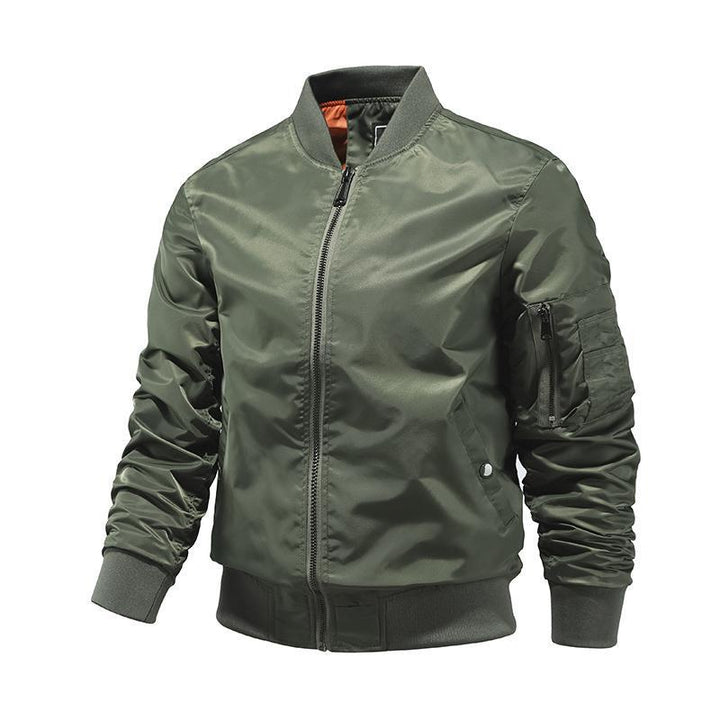 Men's Windproof Nylon Bomber Jacket with Zipper Arm Pocket and Ribbed Cuffs Mune Fashion