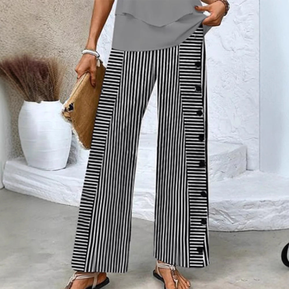 Ladies' wide Palazzo pants with vertical pinstripe look and side button placket Mune Fashion
