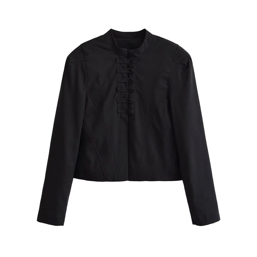 Women short fitted jacket with stand-up collar and decorative loop tape Mune Fashion
