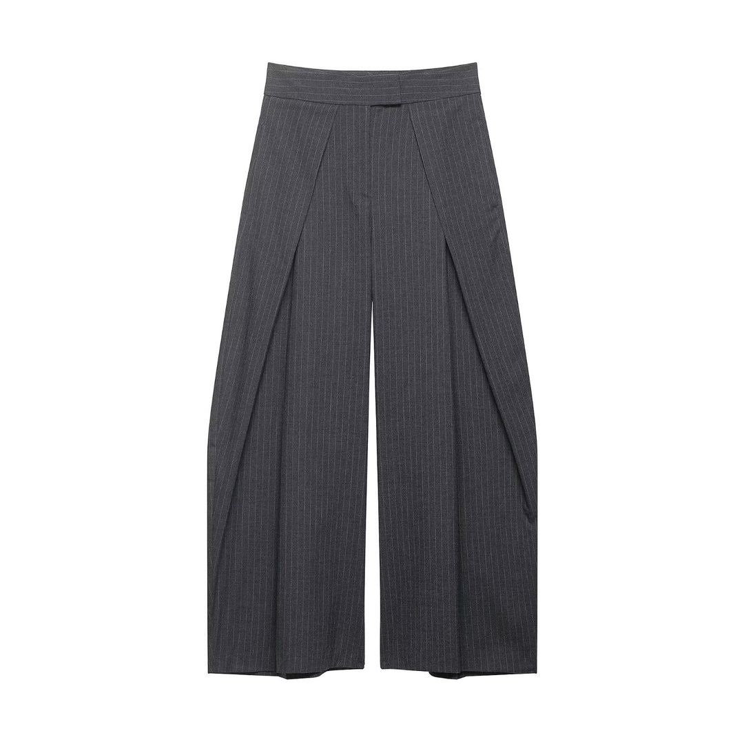 Women's High-Waisted Palazzo Pants with Wrap Overlay and Pinstripes Mune Fashion