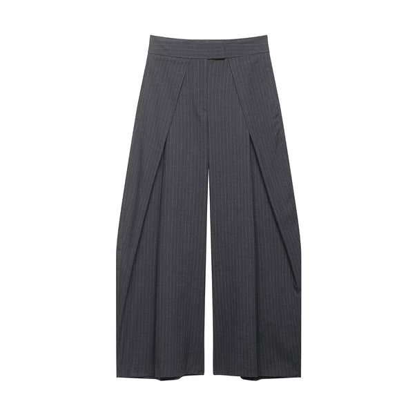 Women's High-Waisted Palazzo Pants with Wrap Overlay and Pinstripes Mune Fashion