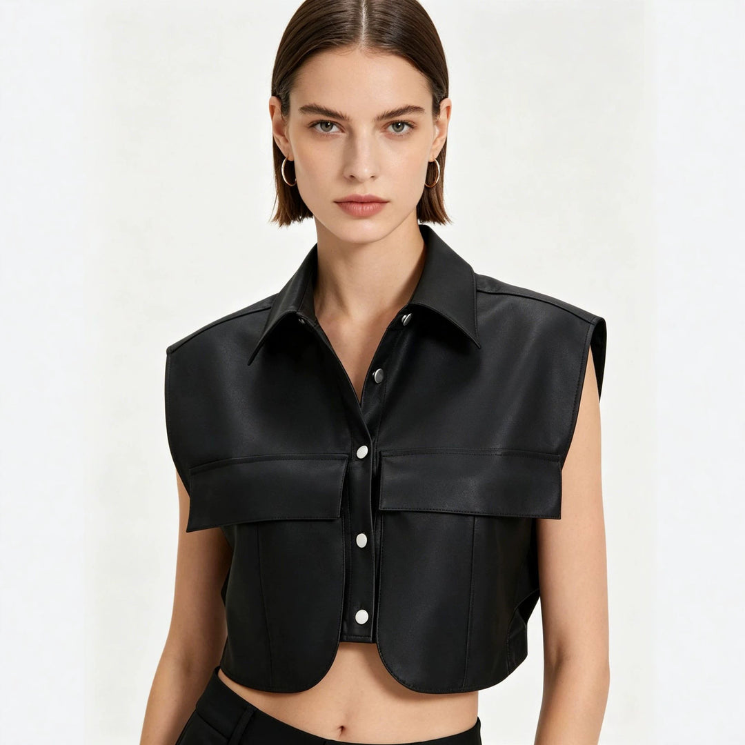 Women Short Sleeveless Faux Leather Vest with Oversized Shoulders Mune Fashion
