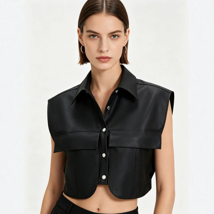 Women Short Sleeveless Faux Leather Vest with Oversized Shoulders Mune Fashion