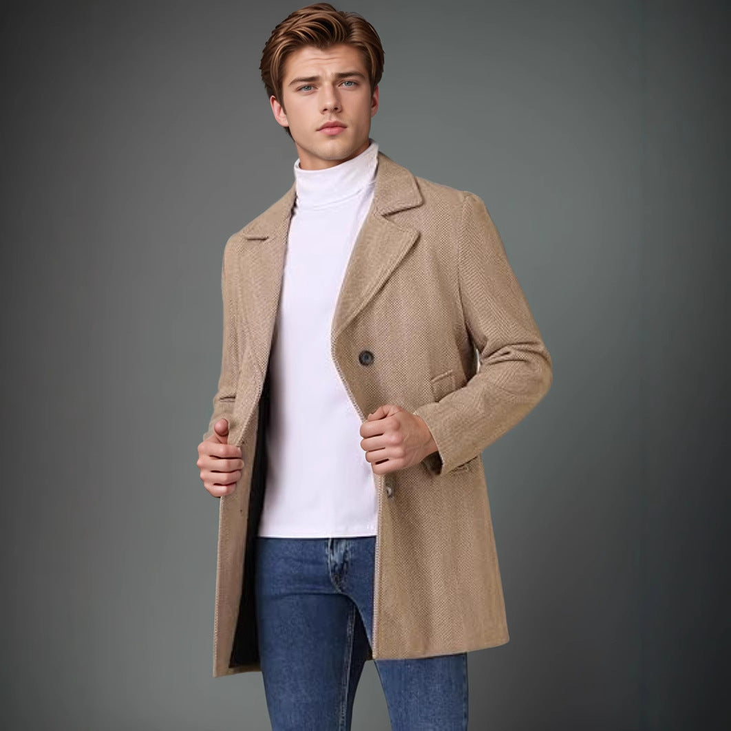 Men's Elegant Double-Breasted Coat with Textured Herringbone Pattern Mune
