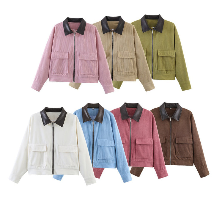 Women short-cut ribbed cardigan with contrast collar, patch pockets and zipper Mune Fashion
