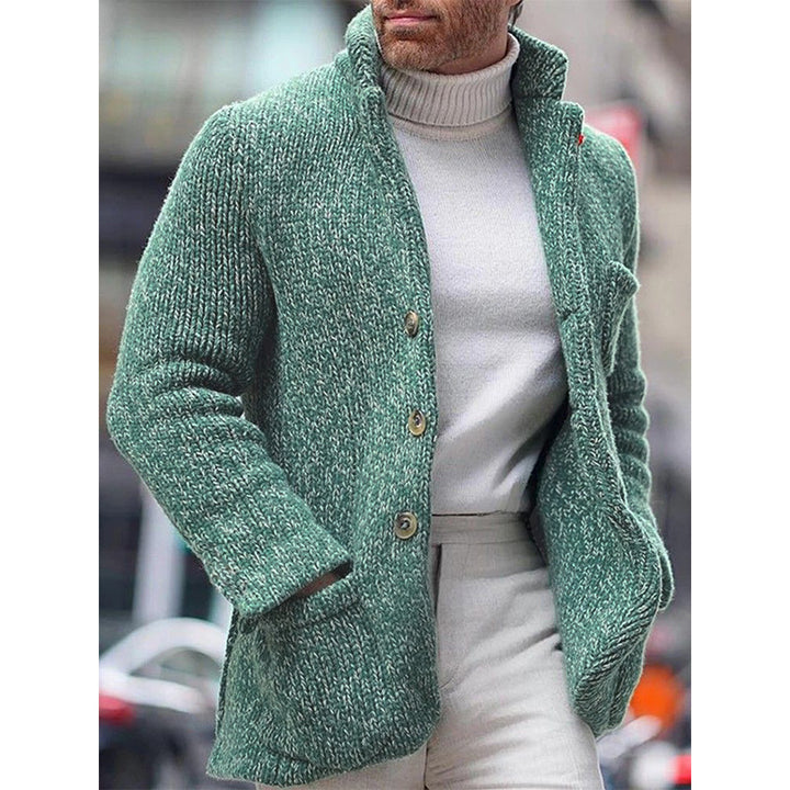 Men's chunky knit cardigan jacket with high stand-up collar and patched pockets Mune Fashion