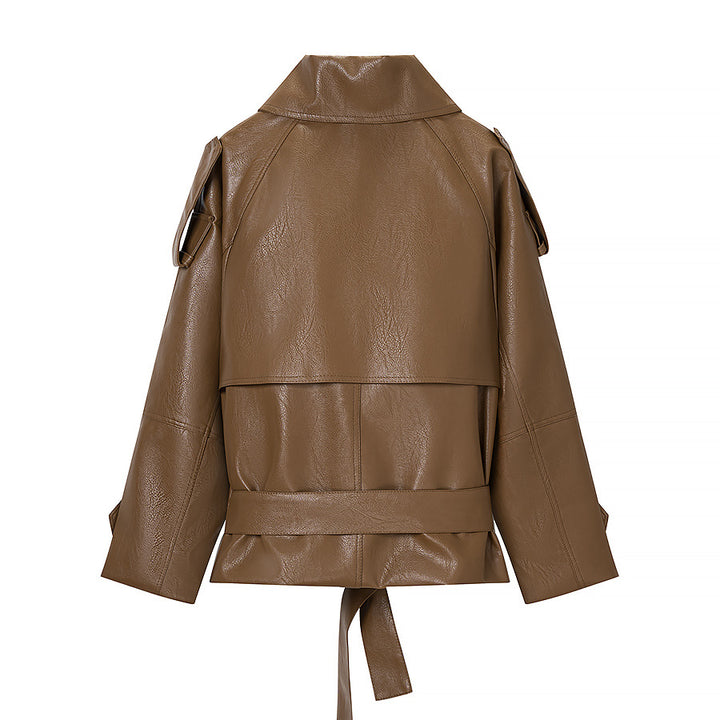 Women's Short Cut Faux Leather Trench Coat with Tie Belt and Shoulder Straps Mune Fashion