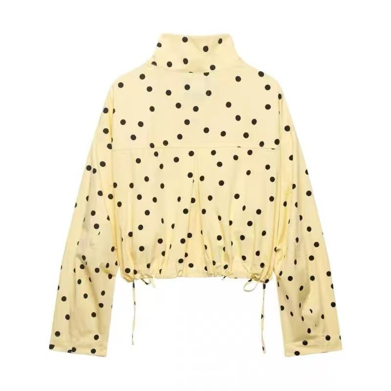 Women Spotted Cropped Blouson Jacket with Ruffle and Stand-up Collar Drune