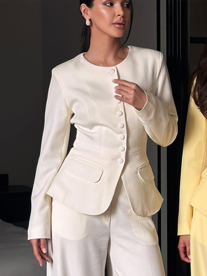 Women's Tailored Blazer with Round Neckline, Decorative Fabric Buttons and Flap Pockets Mune Fashion