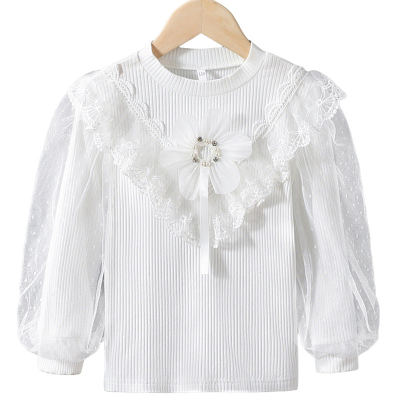 Girls Long Sleeve Shirt with Elegant Tulle Trim and Floral Decoration Mune Fashion