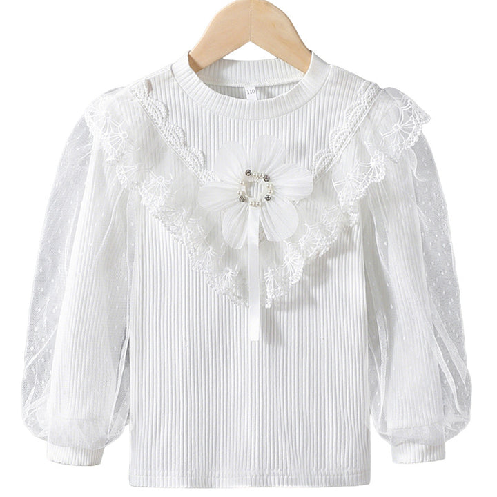 Girls Long Sleeve Shirt with Elegant Tulle Trim and Floral Decoration Mune Fashion