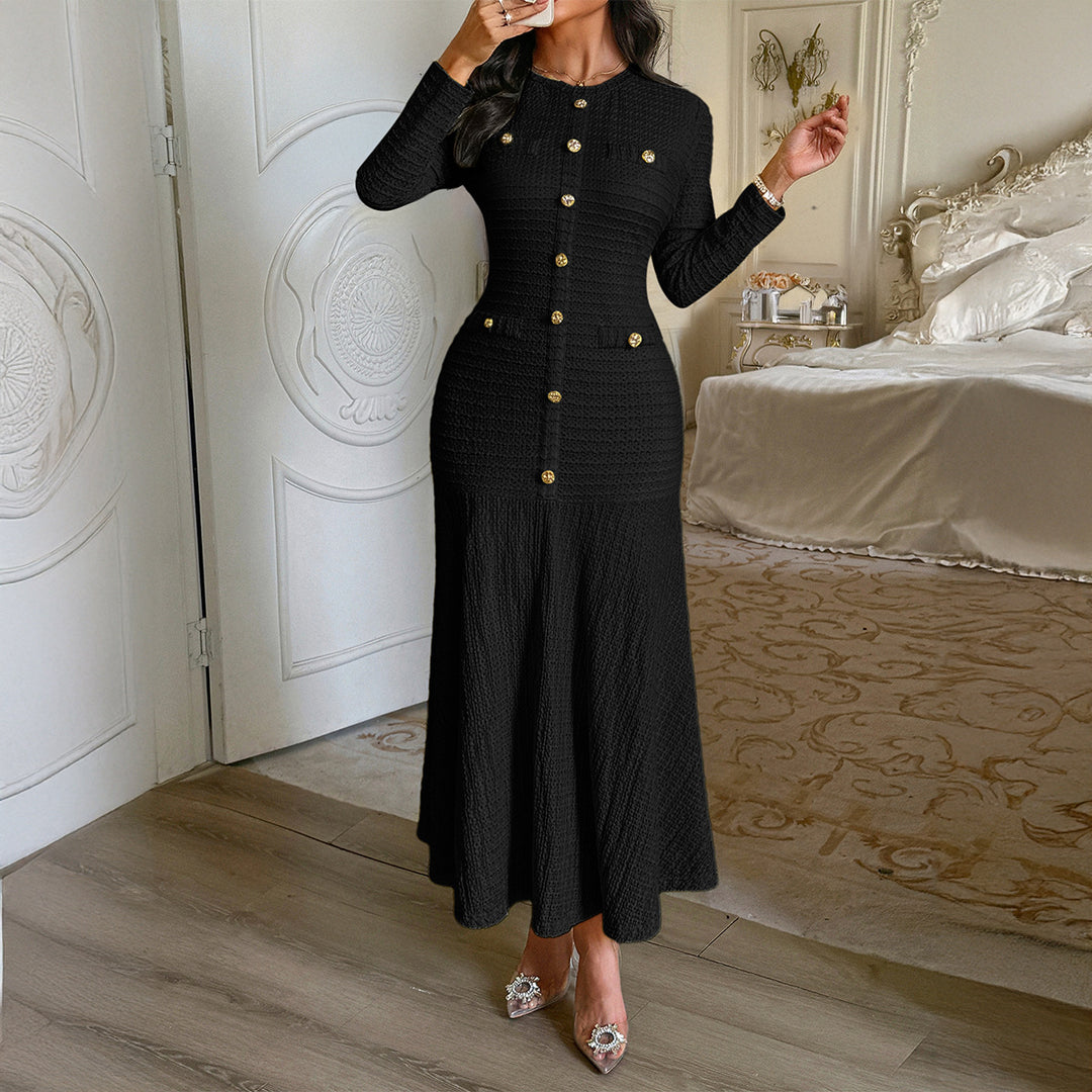 Women's fitted maxi knitted dress with button placket and decorative buttons Mune Fashion