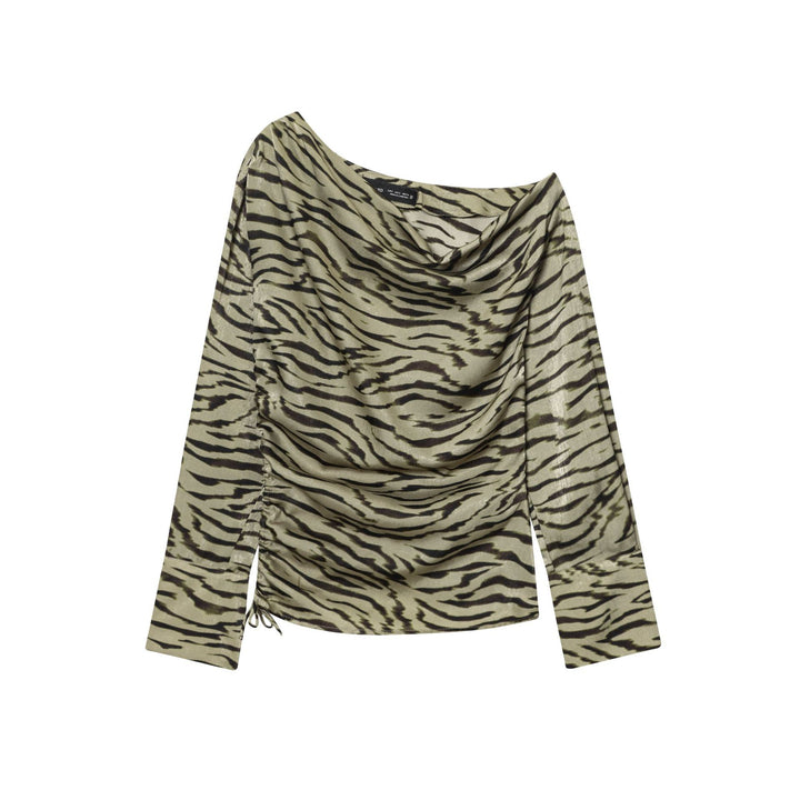 Women's draped long sleeve top with waterfall collar, side gathering, and drawstring Mune Fashion